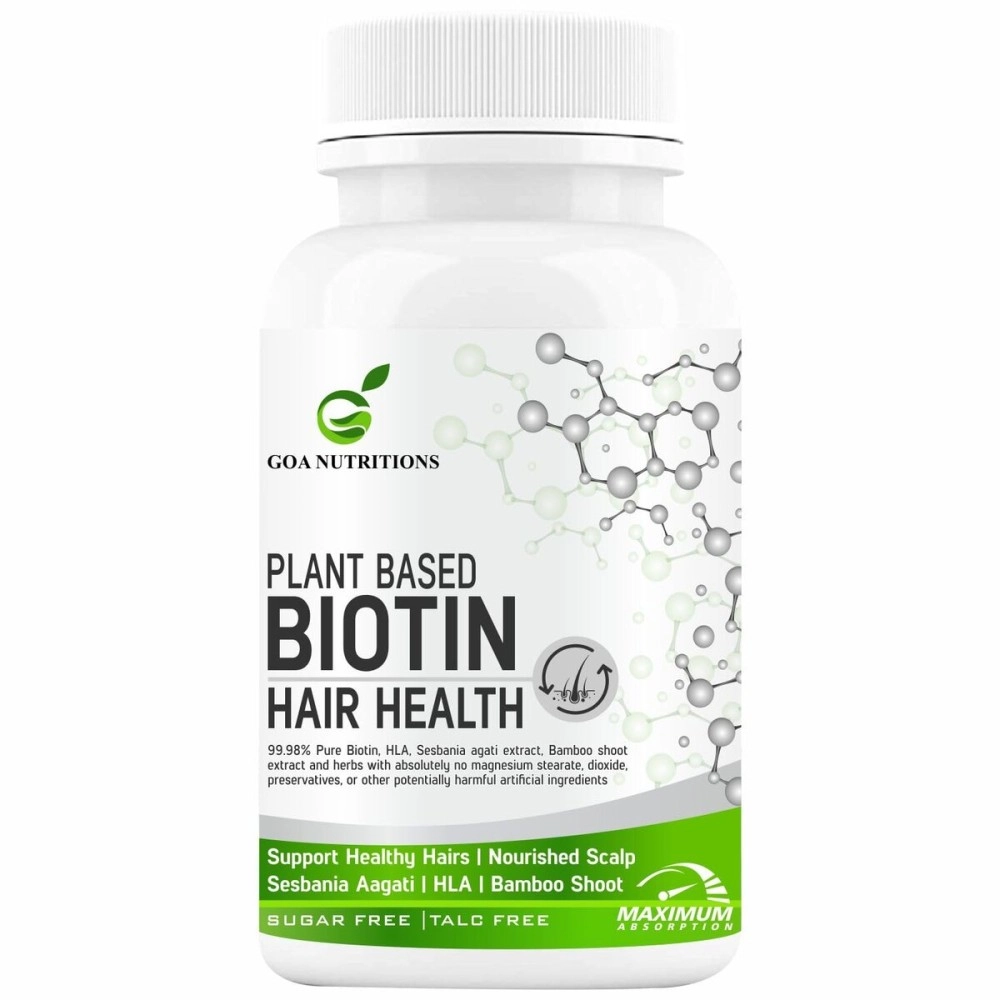 GOA NUTRITIONS Plant Based Biotin For Hair Growth With HLA, Vitamin B12, C Keratin, Sesbania, Green Tea, Bamboo Shoot Supplements Restricts Dandruff & Hair Fall For Women Men- 60 Gluten Free Tablets