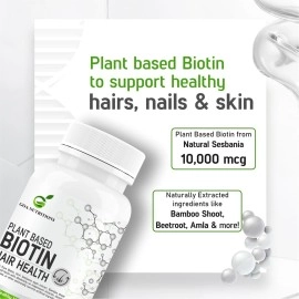GOA NUTRITIONS Plant Based Biotin For Hair Growth With HLA, Vitamin B12, C Keratin, Sesbania, Green Tea, Bamboo Shoot Supplements Restricts Dandruff & Hair Fall For Women Men- 60 Gluten Free Tablets