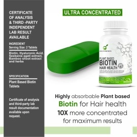 GOA NUTRITIONS Plant Based Biotin For Hair Growth With HLA, Vitamin B12, C Keratin, Sesbania, Green Tea, Bamboo Shoot Supplements Restricts Dandruff & Hair Fall For Women Men- 60 Gluten Free Tablets