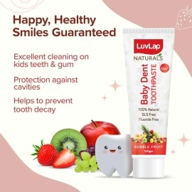 Luv Lap Naturals Baby Dent 100% Natural Toothpaste for Kids, Strawberry Flavour, SLS & Fluoride Free, Removes Plaque, Prevents Bacterial growth, Ensures Shiny White Teeth, Neutral pH, 12M+, 100g