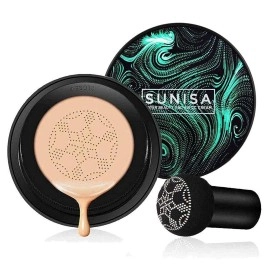 SUNISA Full Coverage Bb And Cc Cream Foundation With Mushroom Head Air Cushion Puff 20G And 1 Beauty Blender Sponge For All Skins, Natural Finish