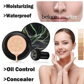 SUNISA Full Coverage Bb And Cc Cream Foundation With Mushroom Head Air Cushion Puff 20G And 1 Beauty Blender Sponge For All Skins, Natural Finish
