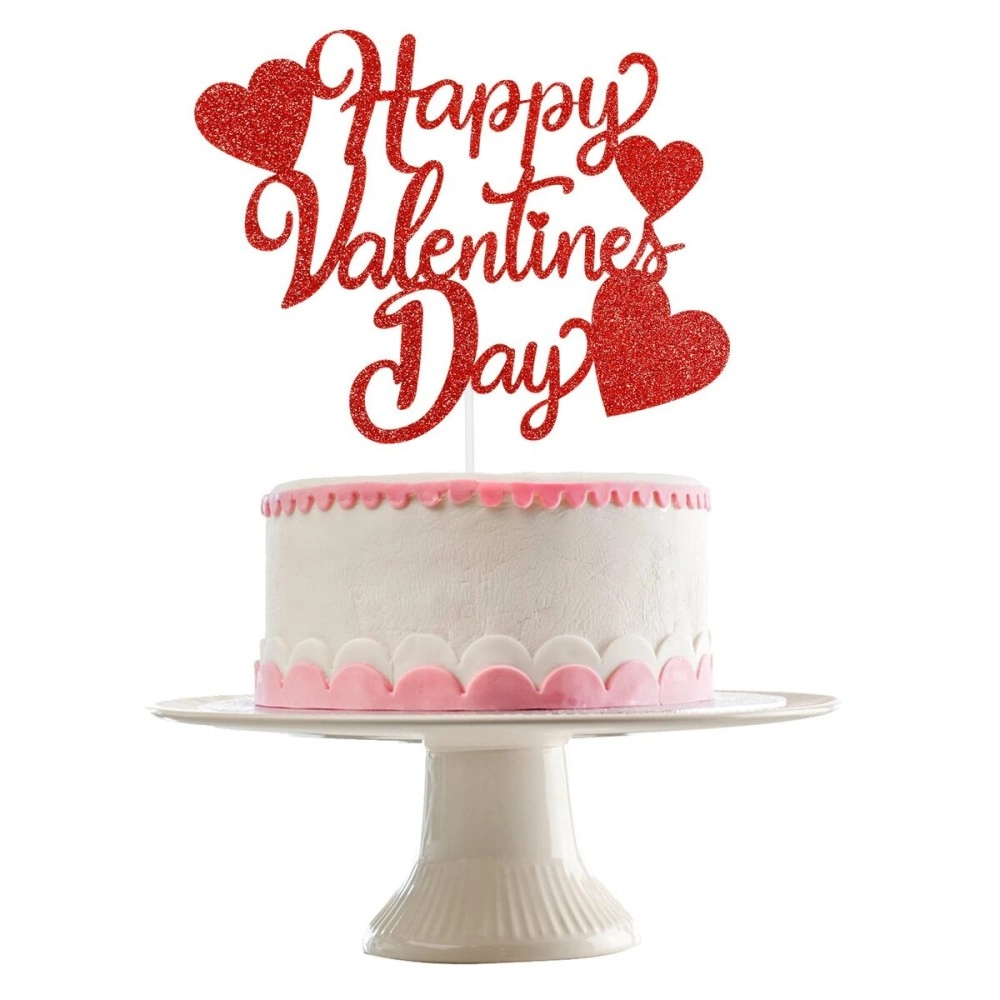 FestikoRed Glitter Happy Valentines Day Cake Topper,Happy Valentines Day Party Decorations,Girls Valentines Day Cake Topper for Valentine\'s Day Theme Wedding Anniversary Party Cake Decor Supplies