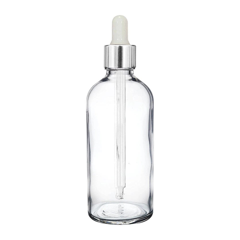 nsb herbals 100 ML Clear/Transparent Round Empty Glass Bottle/Glass Dropper/Silver Colour Ring/Silicon White Teat, Refillable, For Essential Oils, Perfumes (Pack Of 1)