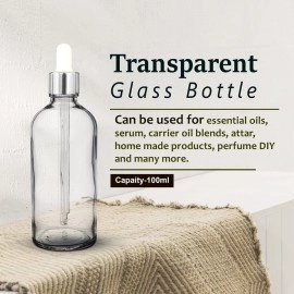 nsb herbals 100 ML Clear/Transparent Round Empty Glass Bottle/Glass Dropper/Silver Colour Ring/Silicon White Teat, Refillable, For Essential Oils, Perfumes (Pack Of 1)