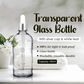nsb herbals 100 ML Clear/Transparent Round Empty Glass Bottle/Glass Dropper/Silver Colour Ring/Silicon White Teat, Refillable, For Essential Oils, Perfumes (Pack Of 1)