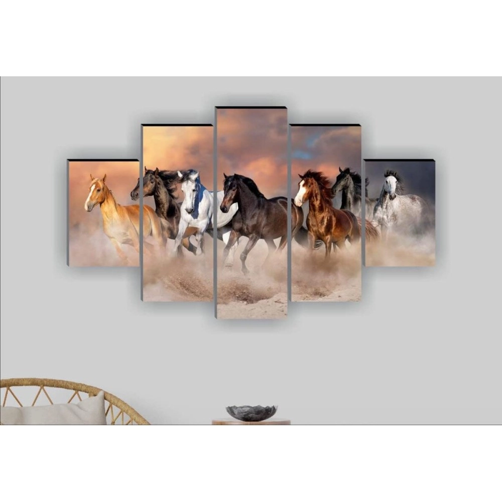 SAF paintings Set Of 5 Seven Running Horse Vastu Wall Painting With Frame For Home Decoration, Living Room Office, Hotel (76 X 45 CM) Multicolor, Theme : Wildlife SANFPNLS31210
