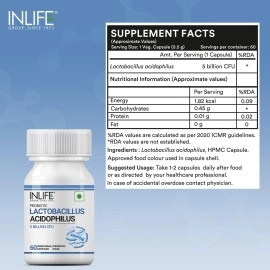 INLIFE Probiotic Lactobacillus Acidophilus 5 billion CFU | Gut Health Supplement for Men Women | Digestive Health, Immunity Booster | Promotes Probiotic Balance - 60 Vegetarian Capsules