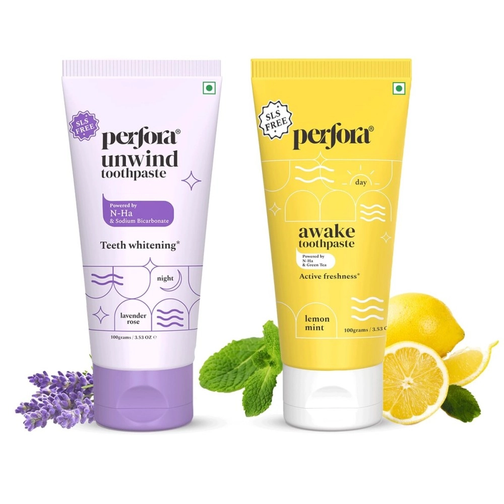 Perfora Daily Routine Oral Care Combo: Awake & Unwind Toothpaste For Active Freshness, Cavity Prevention & Teeth Whitening | Fluoride & SLS Free Tooth paste For Adults & Kids | 200 g (100 g x 2)