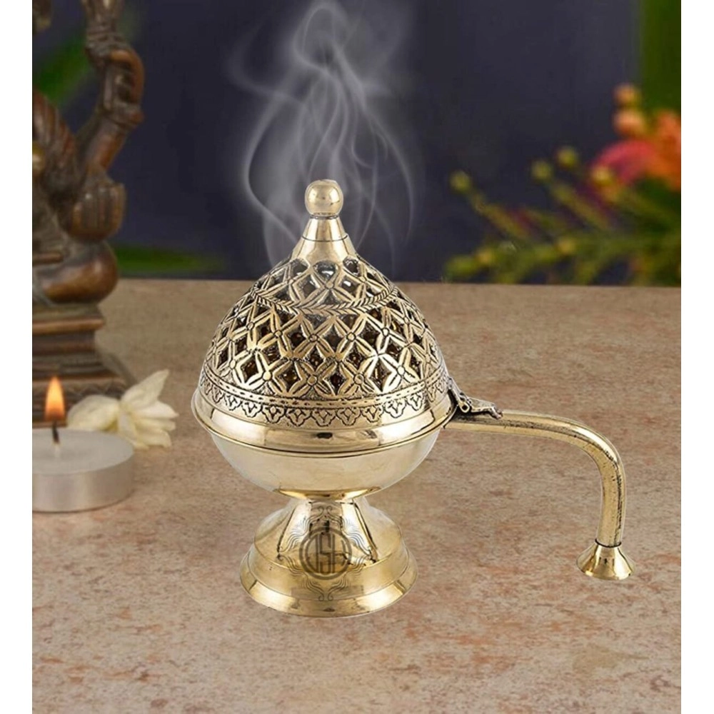 DSH CRAFTING YOUR CURIOSITY Dsh Home Purifying Brass Dhuna Loban Burner Dhooni Dhoop Dani Dhuni Brass Table Dhoop Dani Incense Burner For Loban(Round)