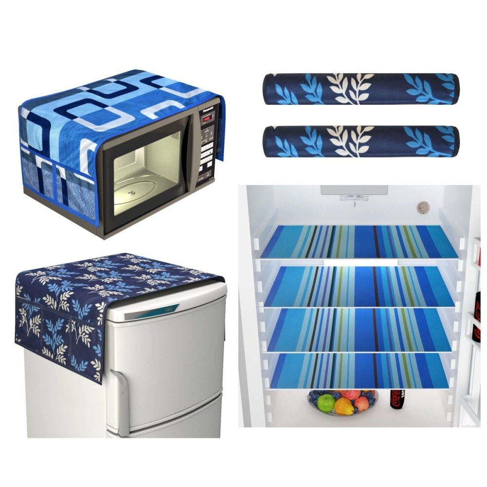 Yellow Weaves Combo of Fridge Top Cover 4 Fridge Mat with 1 Oven Cover with 2 Handle Covers (Pack of 8) Blue Color