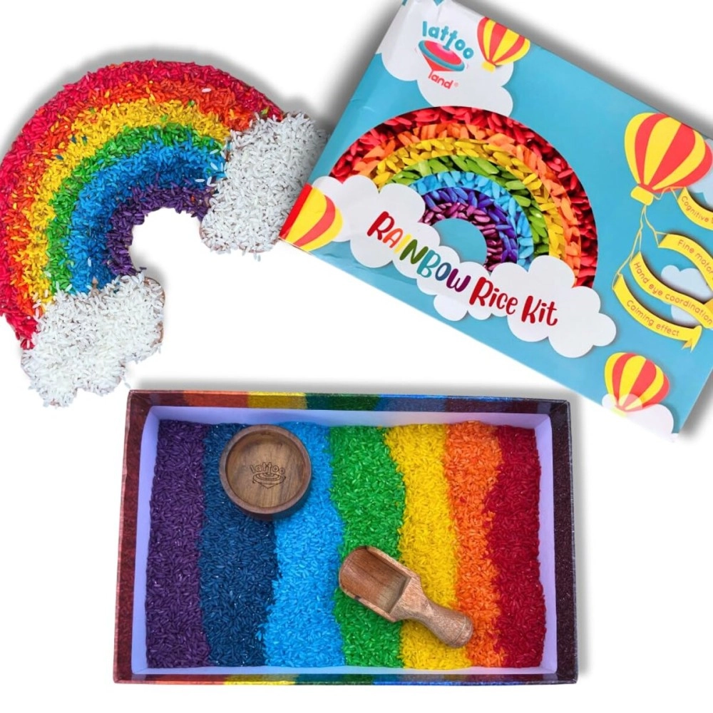 Lattooland Rainbow Rice Kit for Sensory Play with Wooden Tools | Colorful Rice Activity for Toddlers | Perfect for DIY Sensory Bins | Sensory Rice Kit