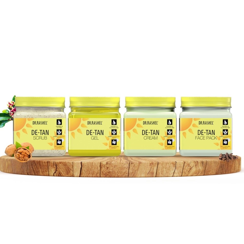 DR.RASHEL De-Tan Pack Of 4 (Scrub, Gel, Cream & Facepack) For Soothing The Skin - 1500 Ml