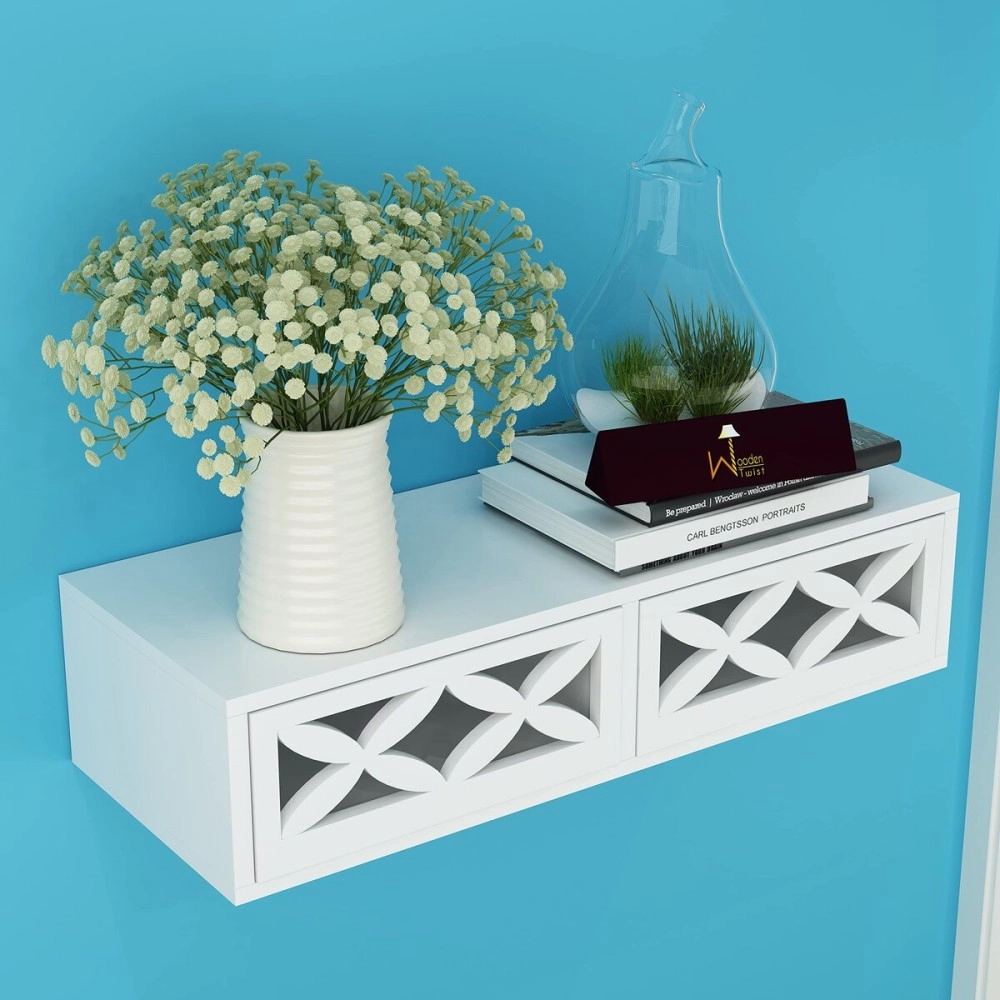 Wooden Twist Exclusively Launched Engineered Wood Wall Shelf with Drawer for Living Room, Storage and Home Decorative (Glossy Finish) (White)