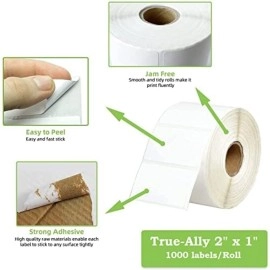 True-Ally 50x25 Direct Thermal Barcode Label Sticker - 2 x 1 inches - 50mm x 25mm - 1000 Labels Per Roll - White Self Adhesive Sticker for Printing Barcoding (1 Roll per Pack (1000 Labels))