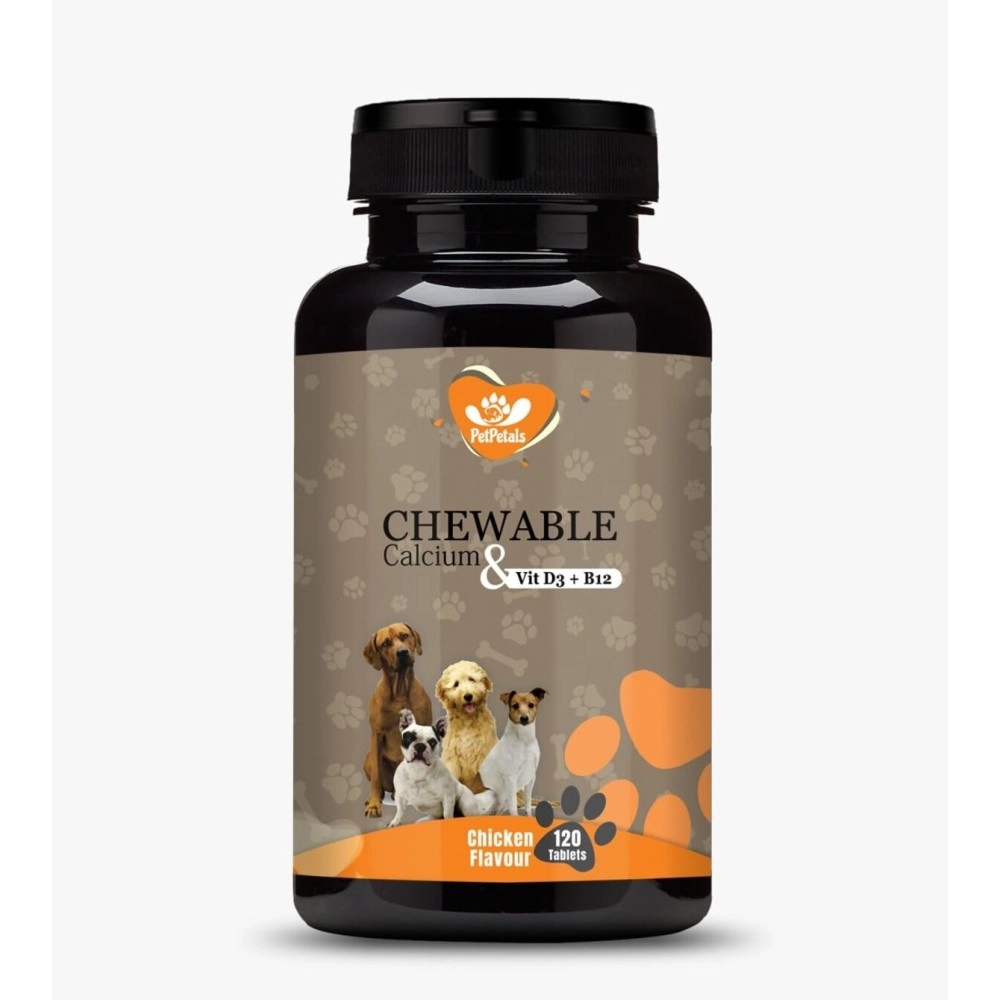 PetPetals Chewable Calcium & Vitamin D3, B12 for Dogs Supplement Supports Bone Health & Immune System |Chicken Flavour -120 Tablets