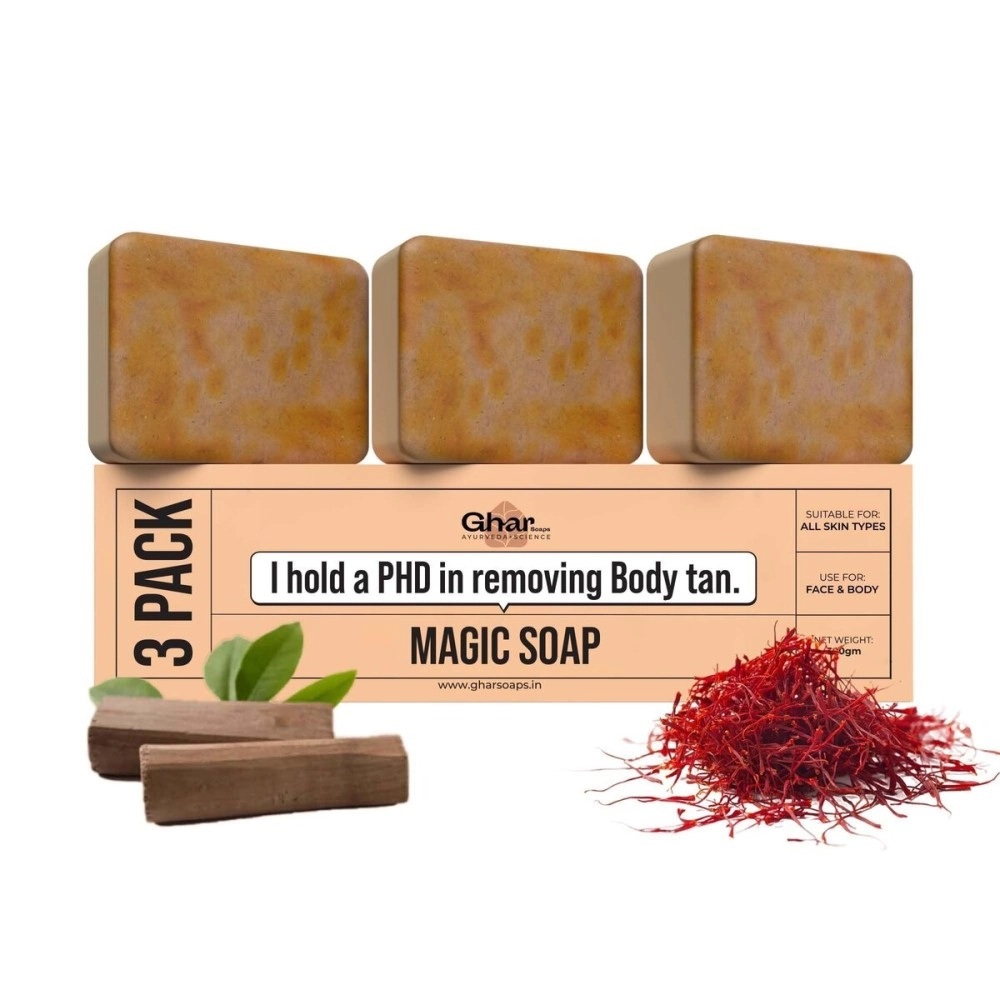 Ghar Soaps Sandalwood & Saffron Magic Soaps For Bath (300 Gms Pack Of 3) | Paraben Free | Chandan & Kesar Bath Soap | Handmade Soaps For Glowing | Skin Brightening Soap For Men & Women