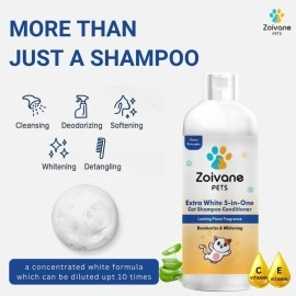 ZOIVANE 5 in 1 Extra White Cat Shampoo with Conditioner (100ml) | Reduces Hair Fall | Enhances Coat Brightness | Ideal for Persian Cats, Kittens, and All Breeds (Pack of 1)