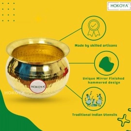 HOKOYA Small Brass Handi for Cooking (2 Litre Water Capacity) | Mirror Finish Bowl | Light Weight Brass Cookware | Utensils for Kitchen Cooking Pot | Indian Kitchenware | Gift for Home Chefs