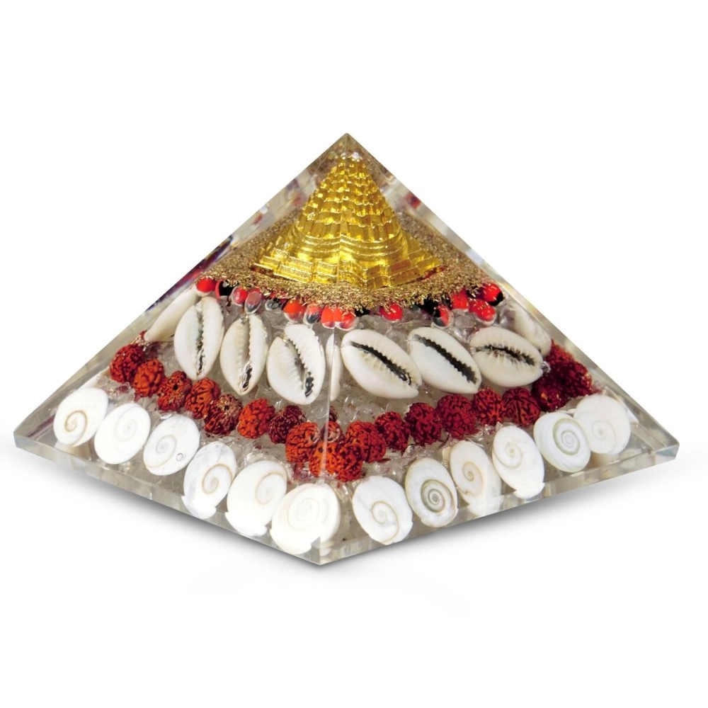 Jet International Wealth Orgone Pyramid 4 inch Approx Crystal Natural Gomati Chakra with Shree Yantra Pyramid Success Prosperity