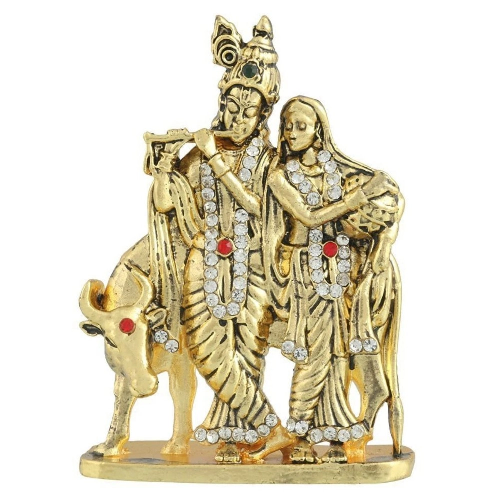 GCT Radha Krishna Idol with Cow Bansuri Krishna Idol (B-116) Gold Metal Statue for Home Dcor Car Dashboard Mandir Pooja Murti Temple Puja Office Table Showpiece