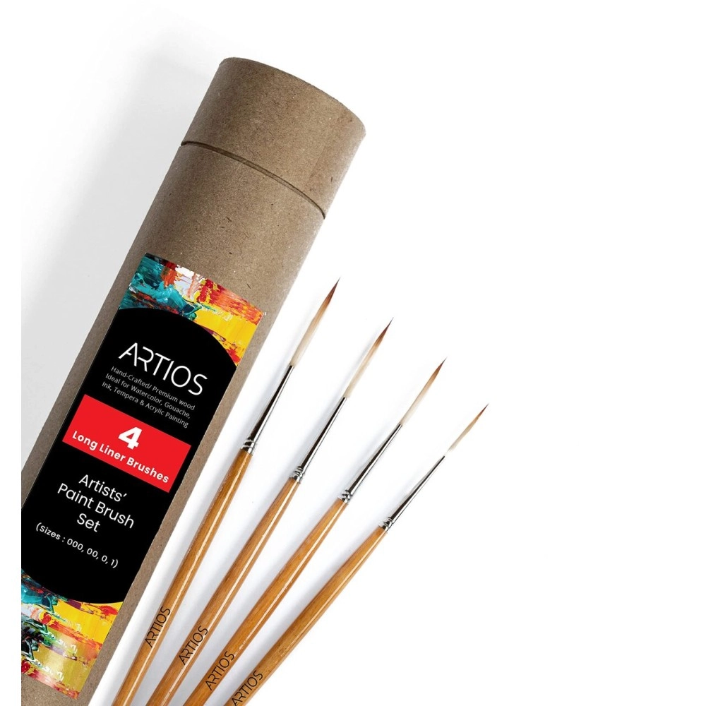 ARTIOS Fine Detailing Brush Set for Painting - Long Liner Rigger Set of 4 With Holder for Acrylic, Oil, Watercolor & Gouache - Handmade Cruelty-Free Wood Paint Brushes