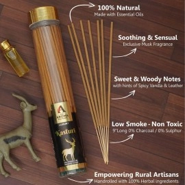 The Aroma Factory Kasturi Musk Agarbatti | Calmness of Musk Aroma with Low Smoke & Zero Charcoal (Bottle Pack of 1, 100g)
