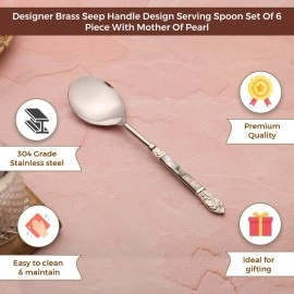 MFU-MADE FOR YOU Designer Brass Seep Handle Design Serving Spoon Set Of 6 Piece With Mother Of Pearl In Black Gift Box || Serving Spoon For Dinning, 30 Cm