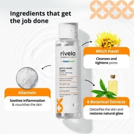 Rivela Dermascience by Cipla Witch Hazel Toner for Pore Tightening, Exfoliation & Soothing, 100 ml | Contains 6 botanical extracts | Regulates sebum production | Hydrating toner for glowing skin