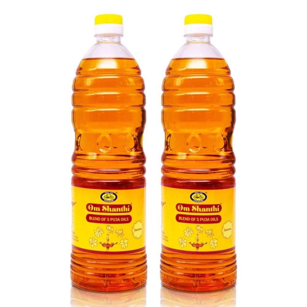 Om Shanthi Pooja Oil | For Puja, Festivals, Havan | Blend Of 5 Puja Oils With Jasmine Fragrance | Pooja Items |Pack Of 2, 1L Each