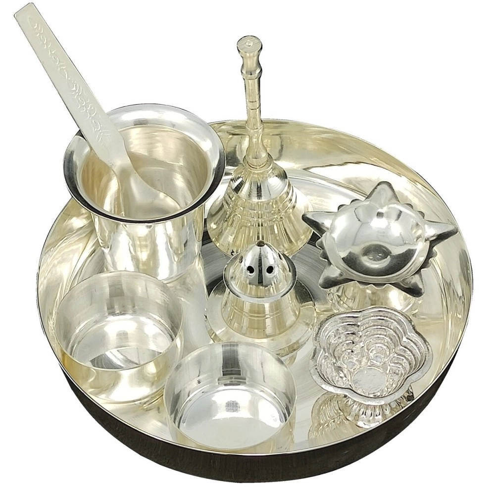 BENGALEN Silver Plated Pooja Thali Set with 5 inch Plate Bowls Glass Spoon ghanti agarbatti Stand Diya kumkum Stand Daily Puja Decorative Home Office Wedding Return Gift Items
