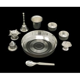 BENGALEN Silver Plated Pooja Thali Set with 5 inch Plate Bowls Glass Spoon ghanti agarbatti Stand Diya kumkum Stand Daily Puja Decorative Home Office Wedding Return Gift Items