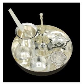 BENGALEN Silver Plated Pooja Thali Set with 5 inch Plate Bowls Glass Spoon ghanti agarbatti Stand Diya kumkum Stand Daily Puja Decorative Home Office Wedding Return Gift Items