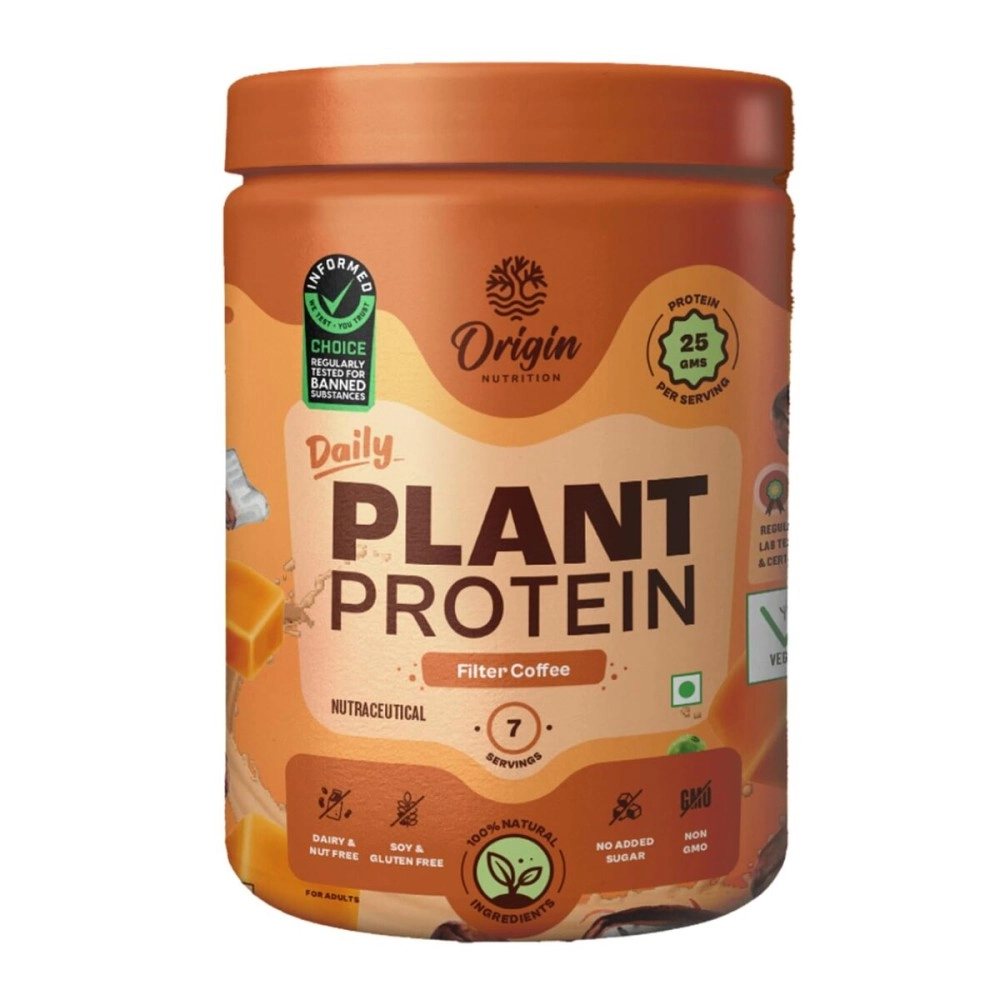 Origin Nutrition 100% Natural Vegan Plant Protein Powder,Easy to Digest Filter Coffee Flavour with 25g Plant Based Protein,Gluten Free,Dairy Free,No Added Sugar,Soy Free,Non -GMO, Jain,7 Servings,284
