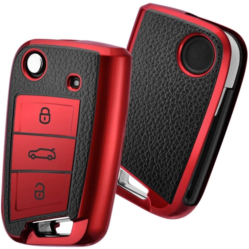 JVCV Premium Soft TPU Leather Pattern Key Cover Compatible with Skoda Kylaq Slavia Kushaq Taigun Tiguan Virtus Octavia Kodiaq Superb Folding Key (Red)