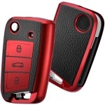 JVCV Premium Soft TPU Leather Pattern Key Cover Compatible with Skoda Kylaq Slavia Kushaq Taigun Tiguan Virtus Octavia Kodiaq Superb Folding Key (Red)