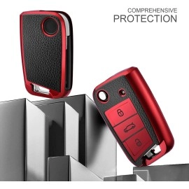 JVCV Premium Soft TPU Leather Pattern Key Cover Compatible with Skoda Kylaq Slavia Kushaq Taigun Tiguan Virtus Octavia Kodiaq Superb Folding Key (Red)