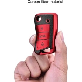 JVCV Premium Soft TPU Leather Pattern Key Cover Compatible with Skoda Kylaq Slavia Kushaq Taigun Tiguan Virtus Octavia Kodiaq Superb Folding Key (Red)
