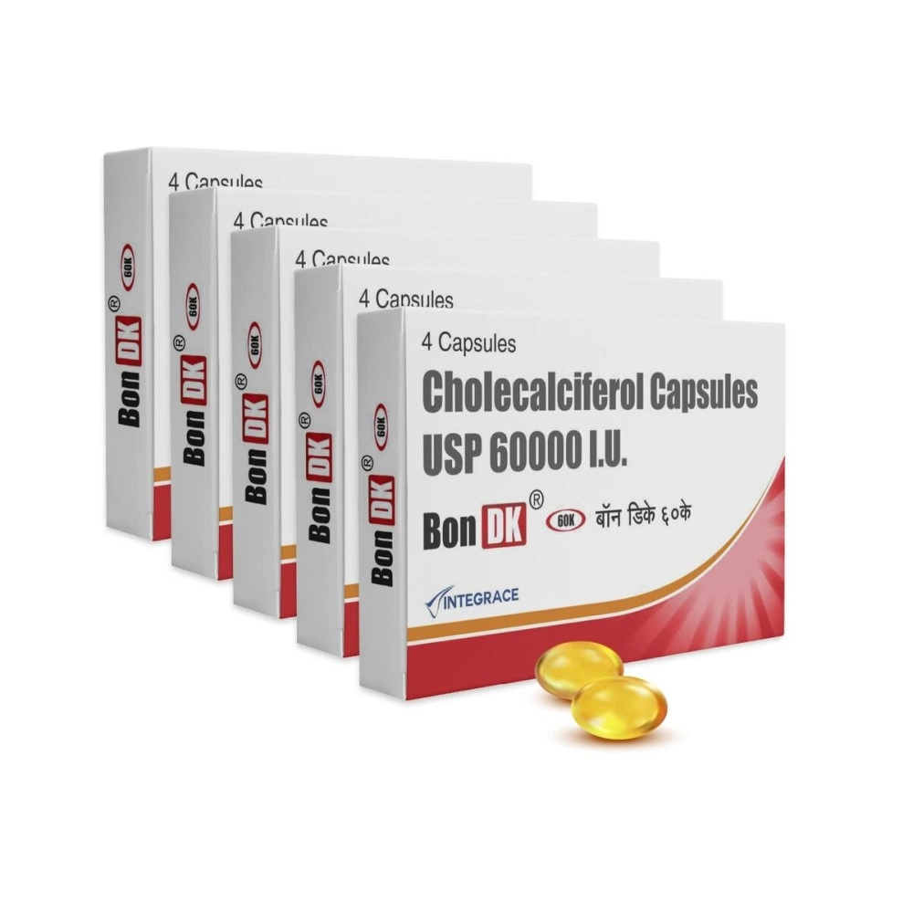 Bon DK 60K Vitamin D3 60000 IU Capsules | 20 Capsules (Pack of 5) | Cholecalciferol 60000 IU |Vitamin D3 Weekly Supplement for Men & Women |Boosts Immune System | Soft Gelatin Capsule, Easy to Swallo