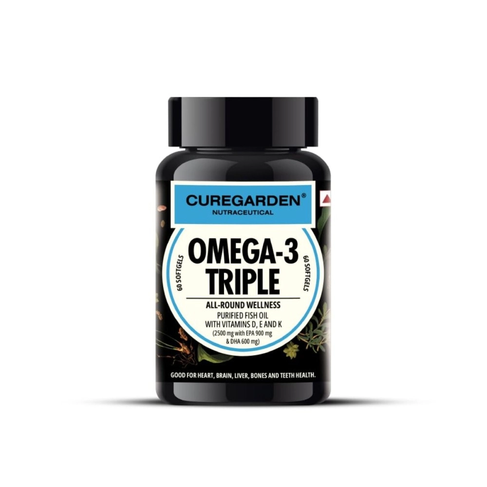 Curegarden Omega-3 Fish Oil Capsules Triple Strength | Fish Oil 2500mg| 60 Softgel Capsules| 900 mg Epa, 600 mg Dha and Vitamin D, E & K |Heart Health| Joint Supplement| Brain Health.