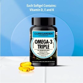 Curegarden Omega-3 Fish Oil Capsules Triple Strength | Fish Oil 2500mg| 60 Softgel Capsules| 900 mg Epa, 600 mg Dha and Vitamin D, E & K |Heart Health| Joint Supplement| Brain Health.