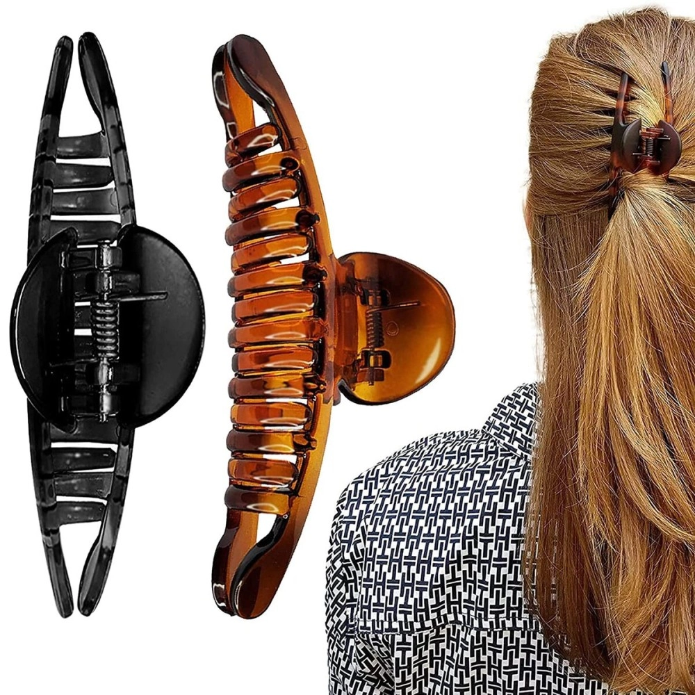 BIRDWARE Big-Size Multi Color Imported Acrylic Material Stone Butterfly Hair Clips For Women (Pack of 2 Pc, Shell/Black Colour, T-Shape) | Hair Clutchers