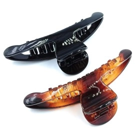 BIRDWARE Big-Size Multi Color Imported Acrylic Material Stone Butterfly Hair Clips For Women (Pack of 2 Pc, Shell/Black Colour, T-Shape) | Hair Clutchers
