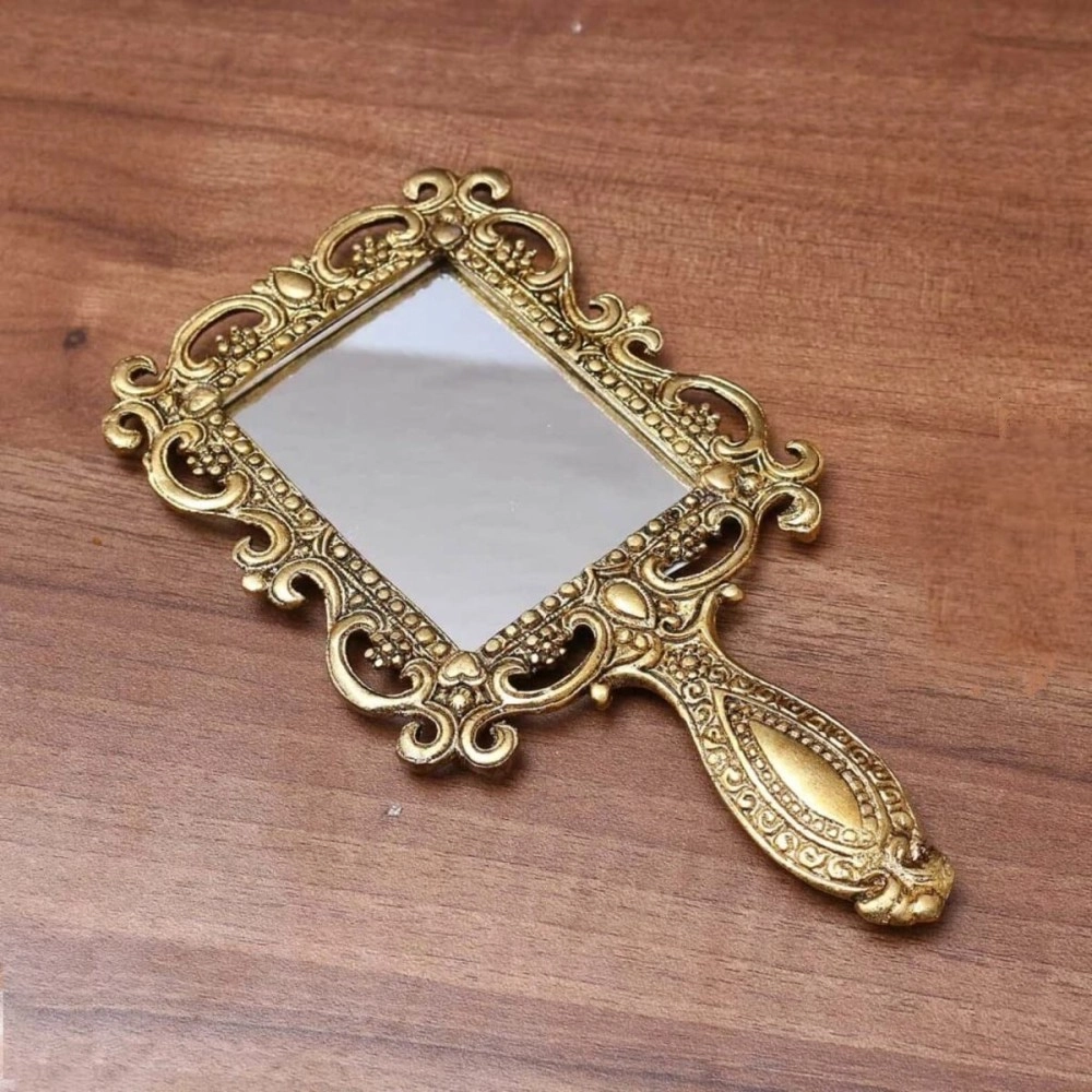 KridayKraft Beautifully Carved Square Shape Gold Plating Metal Hand Mirror for Makeup, Travelling, Salon Mirror & Decorative Antique Item
