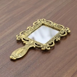 KridayKraft Beautifully Carved Square Shape Gold Plating Metal Hand Mirror for Makeup, Travelling, Salon Mirror & Decorative Antique Item