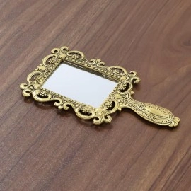 KridayKraft Beautifully Carved Square Shape Gold Plating Metal Hand Mirror for Makeup, Travelling, Salon Mirror & Decorative Antique Item
