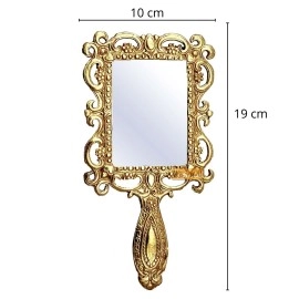 KridayKraft Beautifully Carved Square Shape Gold Plating Metal Hand Mirror for Makeup, Travelling, Salon Mirror & Decorative Antique Item