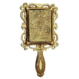 KridayKraft Beautifully Carved Square Shape Gold Plating Metal Hand Mirror for Makeup, Travelling, Salon Mirror & Decorative Antique Item