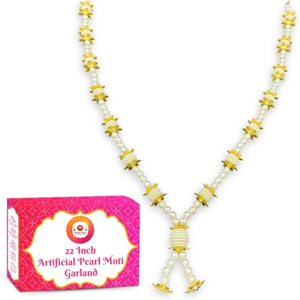 BHAKTI LEHAR - Premium Range Of Pooja Accessories (Size: 22 Inch) Artificial Double Layer Golden White Heavy Pearl Moti Beads Mala Garland for Photo Frames, God Idols and Loved Ones