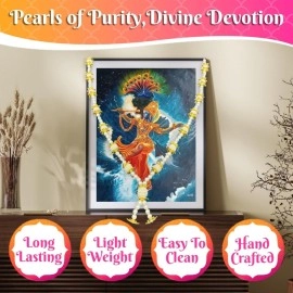 BHAKTI LEHAR - Premium Range Of Pooja Accessories (Size: 22 Inch) Artificial Double Layer Golden White Heavy Pearl Moti Beads Mala Garland for Photo Frames, God Idols and Loved Ones